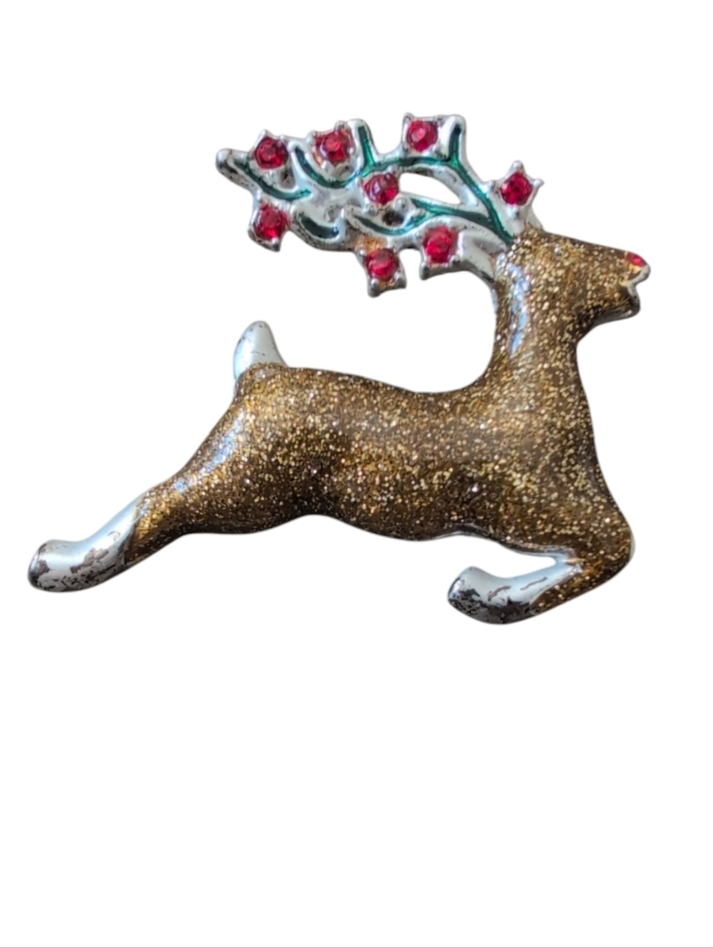 Vintage NR Reindeer Brooch Gold Glitter Enamel Red Rhinestone Christmas Pin